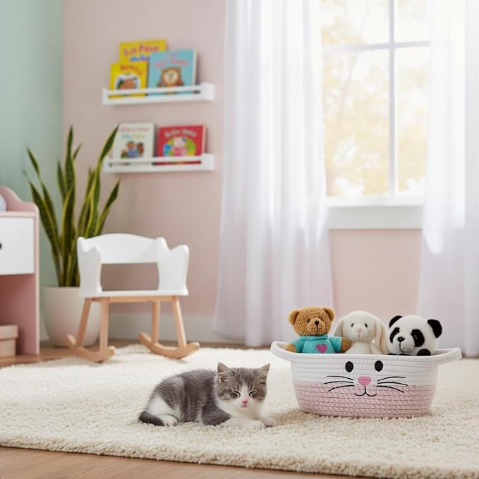 2 Pack Cat Toy Storage Baskets with Cat Design, Woven Cotton Rope Pet Toy Organizer with Handles, Foldable Baskets for Home Decor, Gift Basket for Cat Lovers, White & Pink