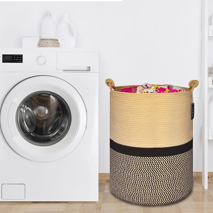 COMSE Tall Woven Blanket & Laundry Basket, 72L, Blend Brown & Black | 15.7”x 21.7”, Cotton Rope, Large Nursery Hamper for Storage of Toys Clothes Towels, Great for Living Rooms Bedrooms Bathrooms