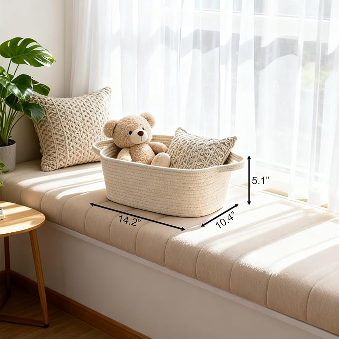 Cotton Rope Storage Basket with Handles, Natural Woven Basket, Decorative Rectangle Organizer Bin for Home, Nursery, Montessori, Dog Toy Storage and Bathroom Organization, White