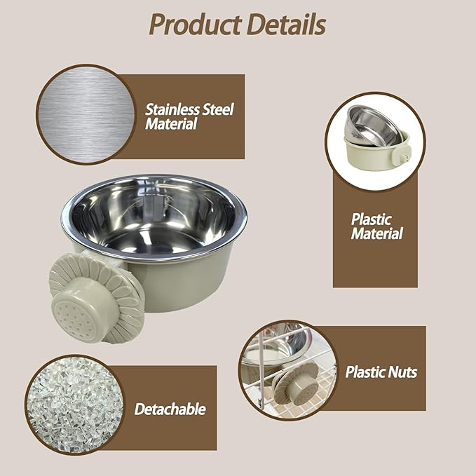kathson Lightweight Stainless Steel Pet Bowls, Removable Crate Dog Bowl Hanging Pet Food Water Feeder Bowl, Cage Coop Cup for Puppy Cat Rabbit Ferret Birds Guinea Pigs (4pcs)
