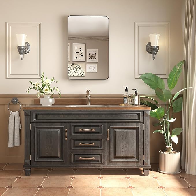 16x27.5 in Bathroom Medicine Cabinet with Mirror, Matte Black | Fully Assembled; Recessed or Surface Wall Mount; Metal Cabinet with Tempered Glass Mirror and Two Adjustable Glass Shelves