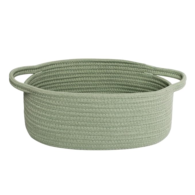 Basket for Gifts Empty, 13"x 9"x 5" Small Green Woven Rope Bin, Gift Basket Empty, Kids Dog Cat Toy Bin Box, Cute Baby Nursery Organizer, Decorative Storage with Handles, Green Room Decor