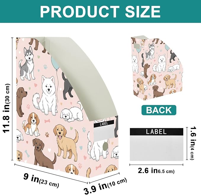 Emelivor Cute Pets Dogs Pink Pattern Magazine Holder Set of 3 Desk File Organizer Foldable Vertical Folder Holder with Labels for Office Organization Book Bins for Library Classroom Home