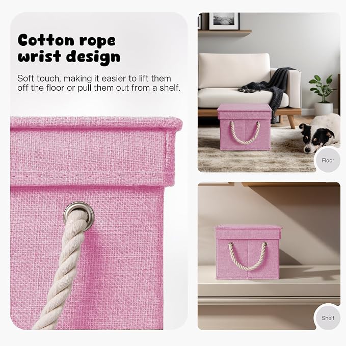 Dog Toy Basket with Lid, Dog Basket for Toys, Dogs Toy Box with Cotton Rope Handles, Collapsible Storage Bins for Pet Toys, Dogs Storage Organizer, Pink