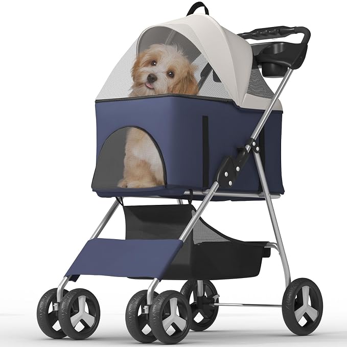 OS MOTOR 4-Wheel Pet Stroller for Small Medium Pets, Navy Blue | Foldable Detachable Carrier, Rear Wheel Breaks, Storage Basket, Visible Mesh Weather Cover, Portable, Dog, Cat, Puppy, Kitty
