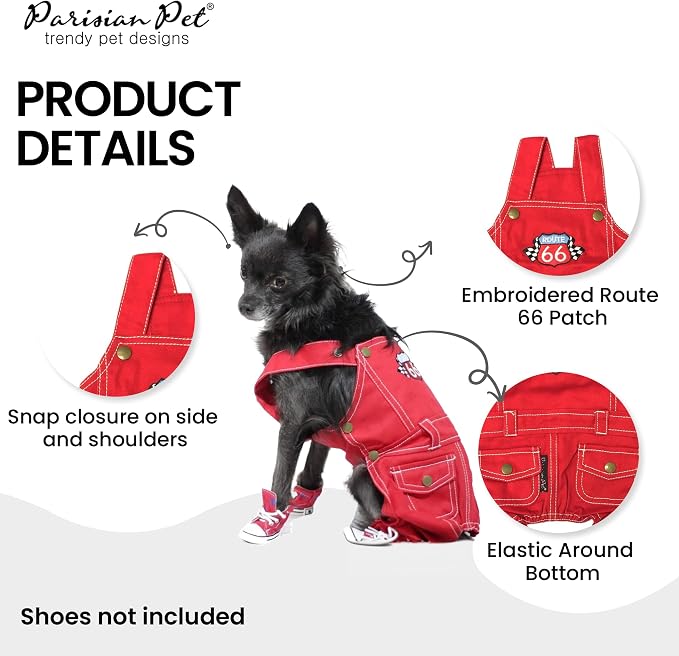 Parisian Pet Red Dog Overalls - Route 66 Denim Dog Clothes - Breathable Sling Puppy Jumpsuit - Durable and Trendy Overalls for Dogs - Comfortable Jeans Dog Clothes for Large Dogs - Classy Pet Apparel