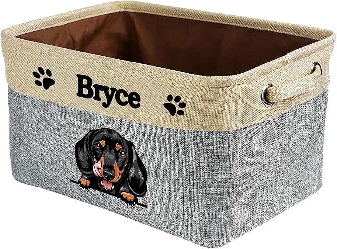 Personalized Fabric Dog Toy Storage Basket with Cute Dog Dachshund Collapsible Sturdy Fabric Pet Toys Storage Bin Cube with Handles for Organizing, Grey and White