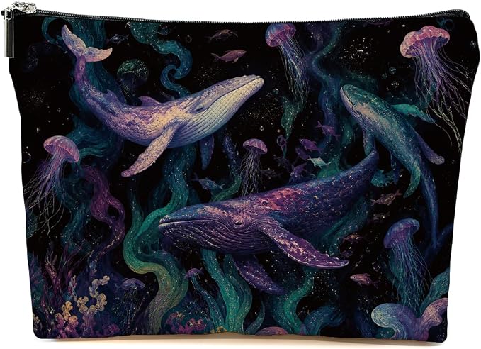JIUWEIHU Whale Shark Gifts Makeup Bag Colourful Ocean Animals Cosmetic Bag | Jellyfish Travel Toiletry Bags Toiletry Organizer Pouch Christmas Birthday Gifts for Women Mom Girls Daughters Friends