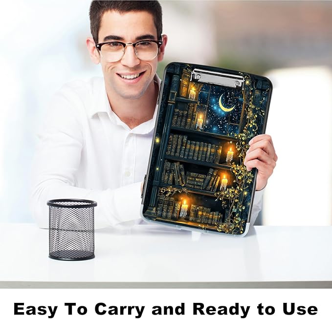A4 Clipboard with Storage Pen Holder, Clipboards Organizer Nursing Clipboard Foldable File Folder Plastic Clipboard Folio Clip Board for Office Work Classroom Doctor, Vintage Candle Books