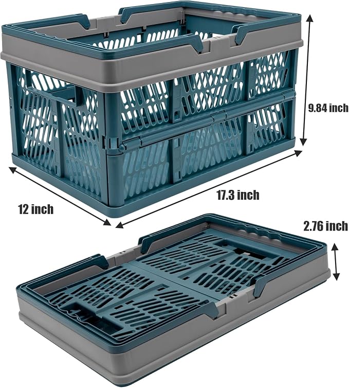 VALESKA 17" Plastic Milk Crate (Deepblue),33L Collapsible Crates for Storage, Foldable Collapsible Shopping Basket with Handles,Car Trunk Basket,for Kitchen