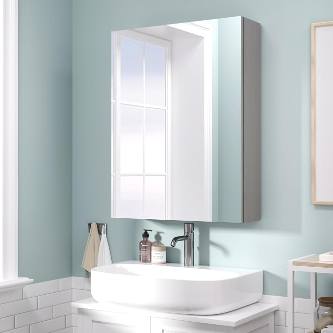 26x20 inch Bathroom Wall Cabinet, Saver Storage Cabinet, Medicine Cabinet with 1 Door and Adjustable Shelves, Grey（Assembly Required）