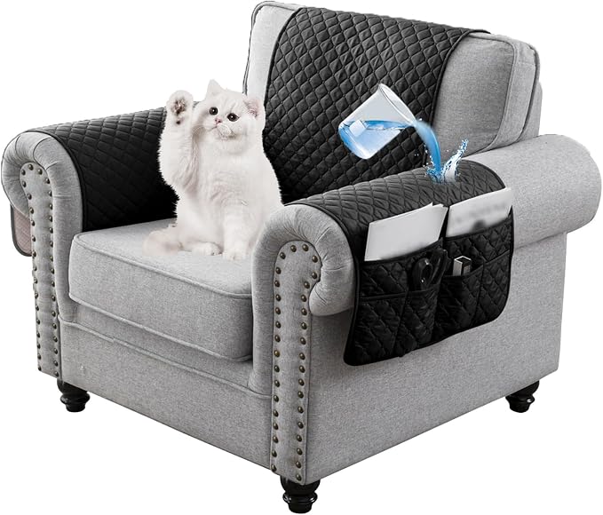 3-, 4-, or 5-Piece Quilted Recliner Armrest and Headrest Covers Set | Soft, water-resistant Six pockets organize remotes, phones, glasses and magazines quilted polyester, silicone backing