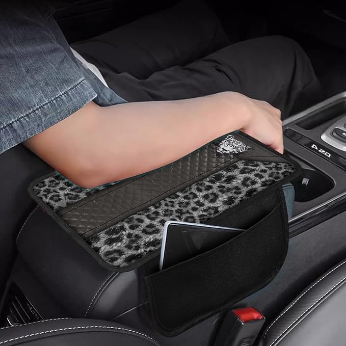 Howilath Car Armrest Cushion Cover Universal Fit for Most Vehicles | Grey Leopard Center Console Cushion Pad with 2 Storage Pockets, Machine Washable, Easy to Install