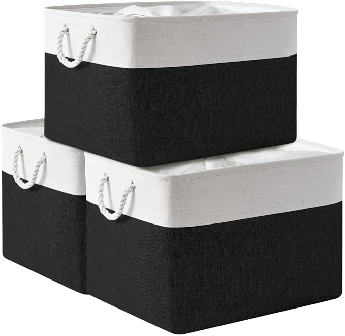 Organization and Storage for Shelves - Extra Jumbo 3 Pack 20.5x15.7x13.8 inch Fabric Storage Basket for Organizing, Storage Bins for Shoes Towel Blanket (White & Black)