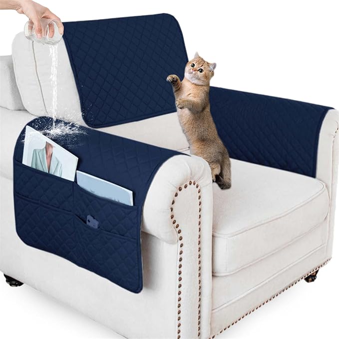Large Polyester Armrest and Headrest Covers with 2 Pockets | Soft, smooth polyester resists daily wear nonslip silicone backing helps shield recliners and sofas from pet scratches