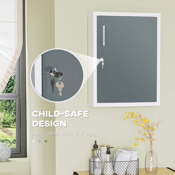 kleankin Bathroom Medicine Cabinet, Lockable, Shelves On Door, White Grey | Shelves Inside, First Aid Bathroom Wall Medical Cabinet