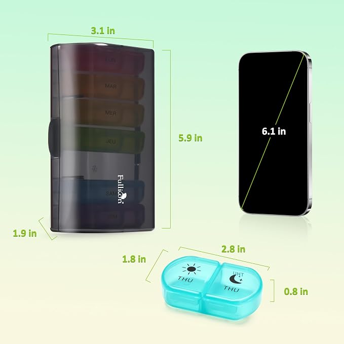 Fullicon Large Medicine Pill Organizer 2 Times a Day, AM PM 7 Day Travel | Each Compartment Holds 6 Fish Oils or 10 Vitamins, One Finger Open Lid, Double Secure Lock, Sturdy Hinges, Black Rainbow
