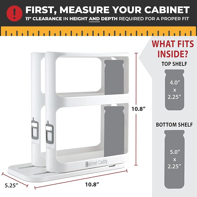 Spice Rack Organizer for Cabinet, Pull & Rotate, 2-Tier | Double-Decker Shelves, 10.8"H x 5.25"W x 10.8"D, Modular Side-By-Side, Non-Skid Feet, Stick-On Labels, Sturdy Build