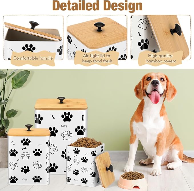 Reallnaive Airtight Dog Treat Container Set of 3 with Bamboo Lids Metal Treat Jars for Countertop Decorative Pet Snack Food Storage Canister Kitchen Biscuit Holder(White)