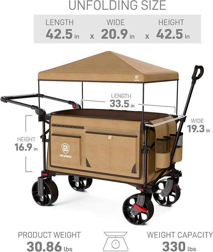 EVER ADVANCED Folding Push Wagon with Canopy, Shopping Cart with Brakes | Portable Collapsible Wagon Cart with All-Terrain Big Wheels for Camping, Beach, Sports