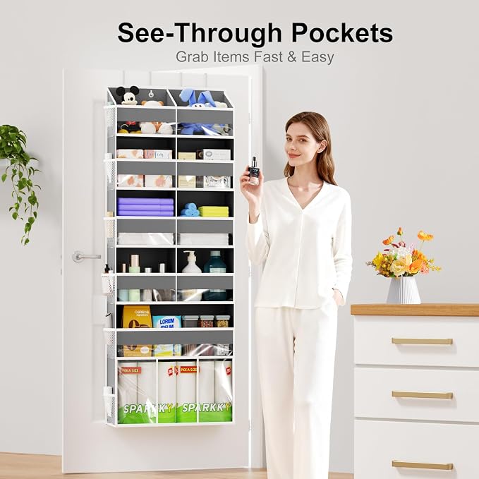 Over the Door Hanging Organizer - 50lb Load Closet Door Storage with Large Pockets, Behind The Door Organizer for Bathroom Nursery Dorm