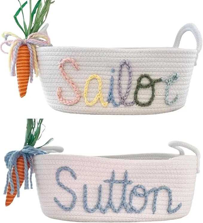 Personalized Cute Small Woven Basket with Handles, Custom Cotton Rope Room Shelf Storage Basket, Empty Decorative Gift Basket, Decorative Round Bin for Nursery Bedroom Bathroom (Style C)