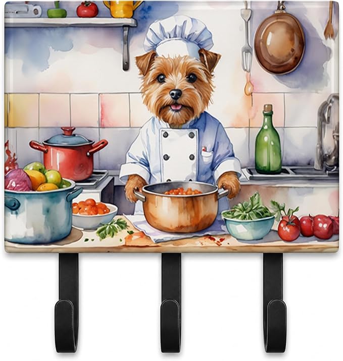 Caroline's Treasures Norfolk Terrier The Chef Leash or Key Holder Wall Hooks, Key Hooks Holder, Coat Rack Wall Mount, Coat Hooks, Hooks for Hanging Keys, Towels, Aprons, Leashes | Norfolk Terrier The Chef artwork on ceramic tile with three steel hooks ...