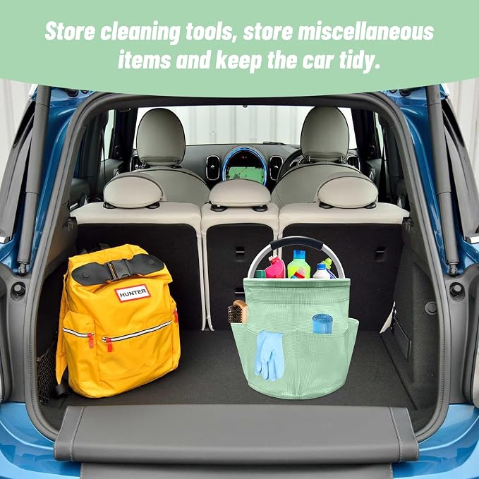 17L Cleaning Caddy with Handle, Foldable Cleaning Supply Caddy with 6 Pockets Cleaning Caddy Bag for Outdoor Camping Garden Harvest Basket Bathroom Storage (Clear Green)