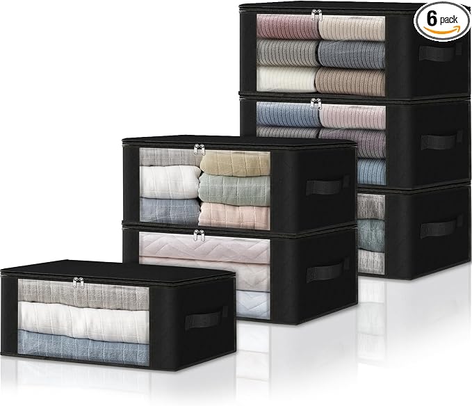 HomeHacks 6-Pack Clothes Organizer Storage Bags Foldable Storage Box with Large Clear Window Sturdy Handles for Closet, Dorm, Pillows, Bedding, Clothes, Stuffed Toys, Blankets, 35L, Black | Foldable Storage Box Container with Zippers, Clear Window, Rei...