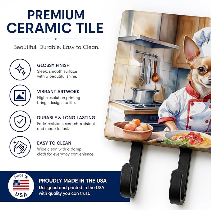 Caroline's Treasures Chihuahua The Chef Leash or Key Holder Wall Hooks, Key Hooks Holder, Coat Rack Wall Mount, Coat Hooks, Hooks for Hanging Keys, Towels, Aprons, Leashes | Chihuahua The Chef artwork on ceramic tile with three steel hooks for keys, le...