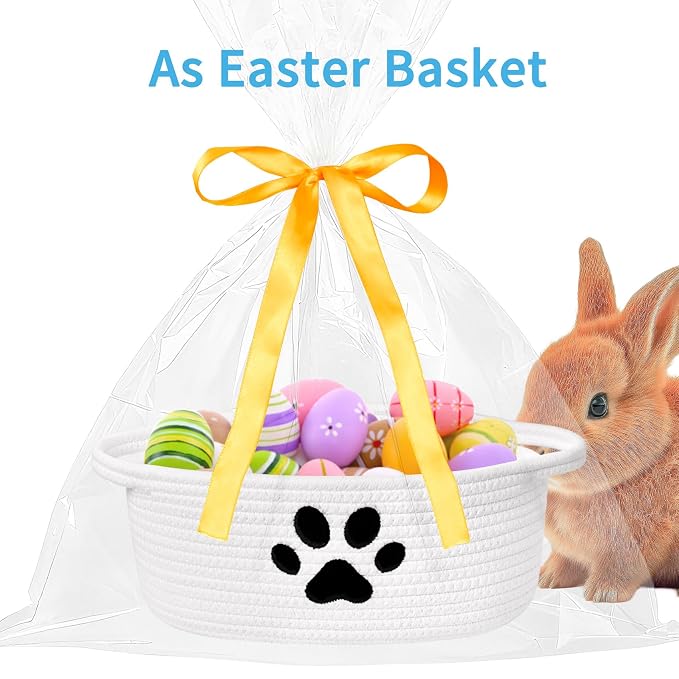Small Woven Basket with Gift Bag, Cute Dog Paw Baskets for Gifts Empty, Decorative Rope Woven Nursery Storage Dog Toy Basket for Easter, Baby Shower, 12" x 8" x 5"