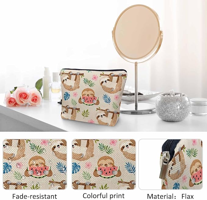 Sloth Makeup Bag For Women, Adorable Cosmetic Bag Makeup Bags, Cute Sloth Animal Sloths On Flower Tree Zipper Bag Travel Bags Toiletry Organizers Pouch Bags Washing Bags For Gym Bathroom