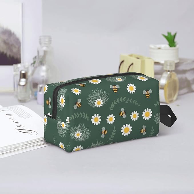 Dark Green Bee & Daisy Makeup Bag - Durable 600D Oxford Fabric Travel Cosmetic Bag, Shockproof Foam Padded Toiletry Organizer for Gym & Daily Use 10x6.2x4.9 Inch