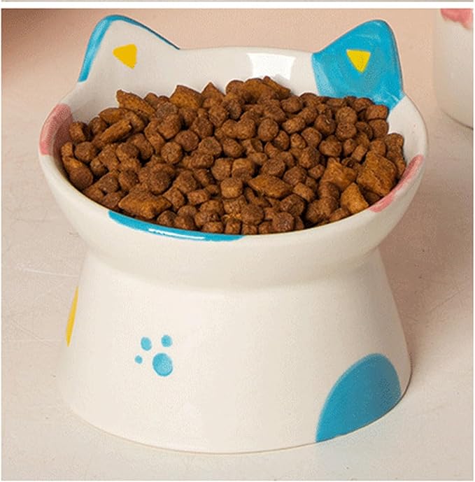 Cute Ceramic Raised Cat Bowls Elevated Design, 15° Tilted FeederProtect Cat's Spine Anti Vomiting Blow for Flat Faced Cats, Kitten Small Dogs,Raise Tilted Cat Food Bowld Pet Dishes(Black)