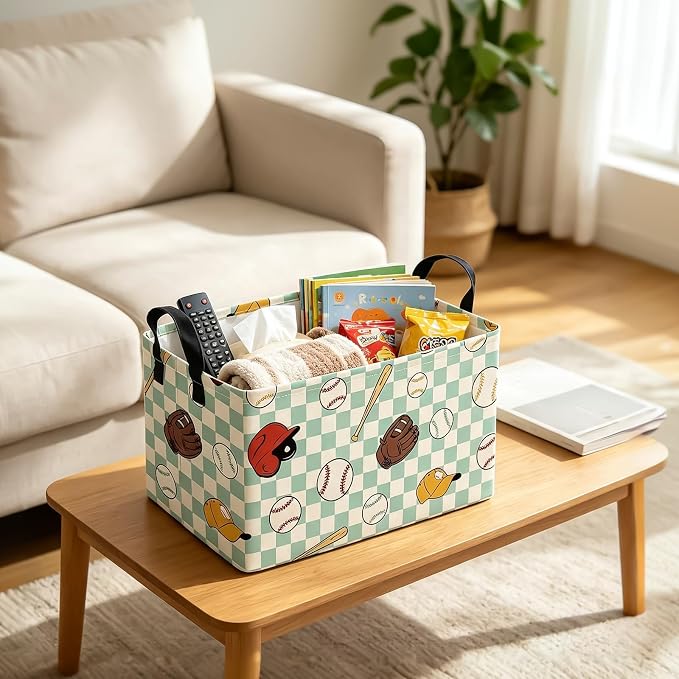 Rectangular Collapsible Storage Basket Toy Organizer Green Grid Baseball | Storage Bin Foldable Canvas with Handles for Organizing Home Kitchen Children Toys Office Closet Shelf Baskets