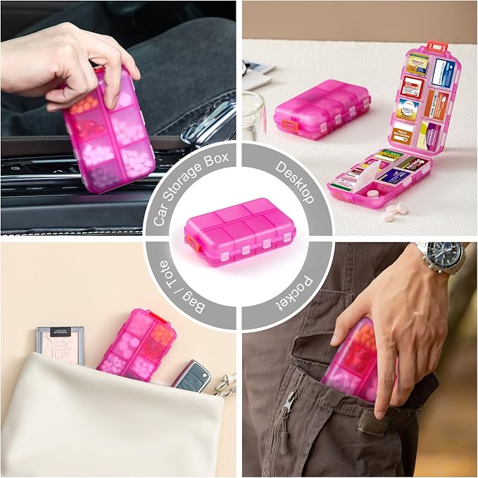 14 Grids Travel Pill Organizer Box with 415-Pcs Medicine Name Labels - Pocket Daily Pharmacy Case Container Kit - Travel Medication Holder Dispenser for Fish Oil Vitamin Supplement Storage -Clear Pink