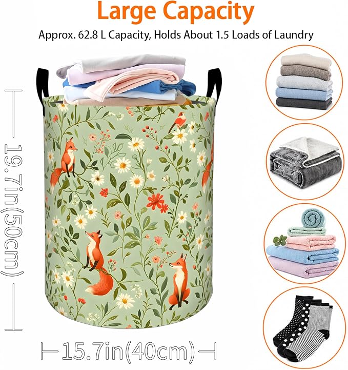Cute Fox Laundry Basket, Woodland Animal and Wildflowers Oxford Cloth Dirty Clothes Collapsible Hamper for Room Decor, Nature Gifts, Toy Organizer 19.7 x 15.7 Inches for Bedroom Bathroom Dorm