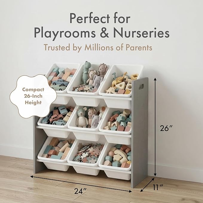 Humble Crew Kids Toy Organizer with 9 Bins, 3 Tier Storage for Playroom | Sturdy wood and steel toddler shelf, removable BPA-free containers, wall anchor anti-tip safety kit for bedroom or classroom
