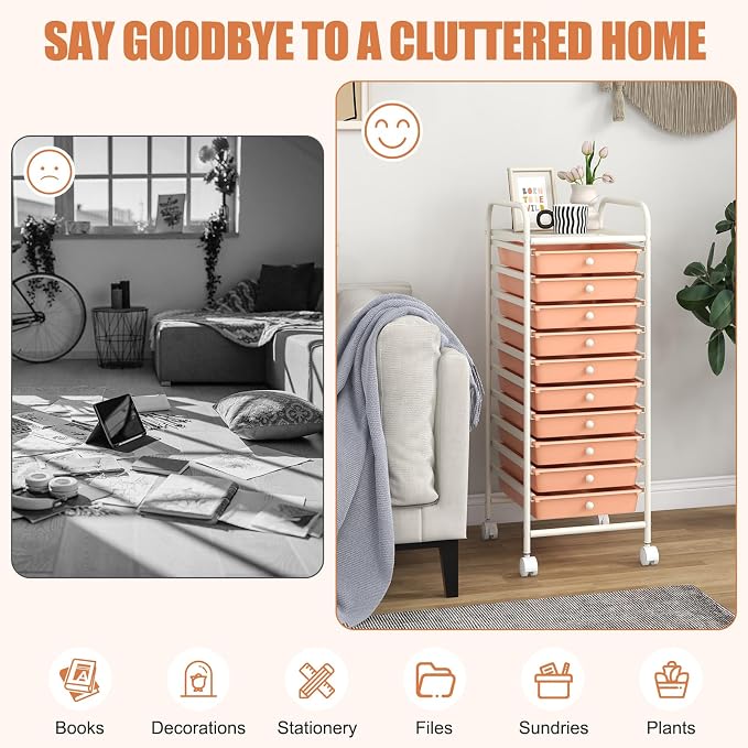 10 Drawer Rolling Storage Cart, Organization Cart on Drawers for Craft Makeup Paper Tool Art Supply, Versatile Utility Cart on Wheels for Home Office Classroom School (Peach)