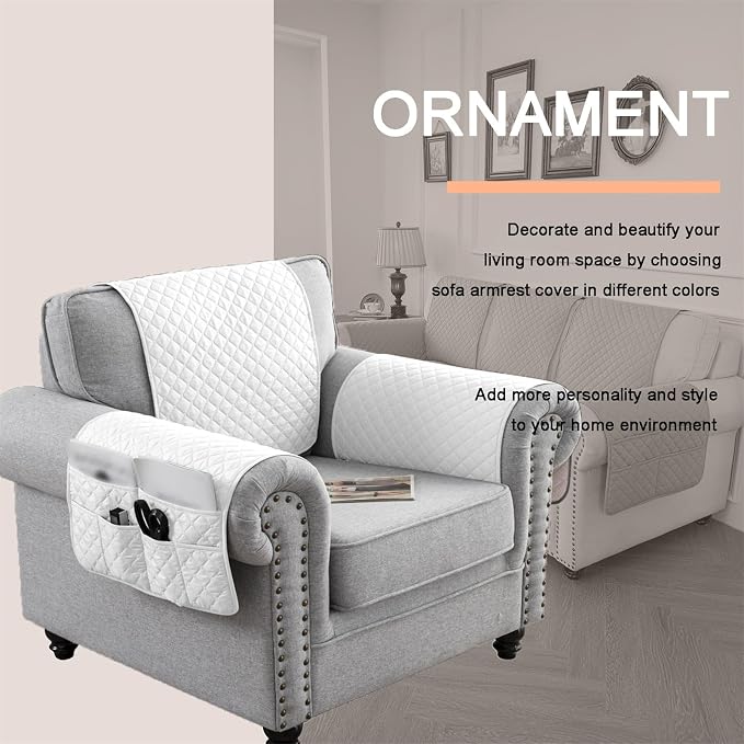 Water-Resistant Sofa Armrest and Headrest Covers with Side Pocket | Keep remotes close quilted polyester helps guard against wear, pet scratches, and kids' messes silicone backing adds grip