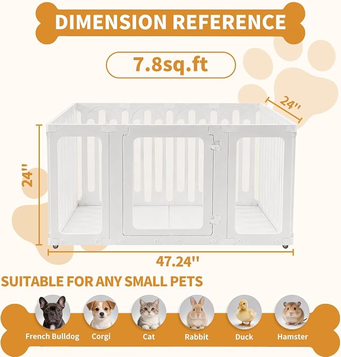 Mobile Acrylic Dog Playpen Indoor with Bottom Panels for Puppies, 8 Panels | Puppy Play Pen with DIY Easy Assemble, Moveable Pet Fence for Small Dogs (24''Tall, 4 Bottom Panels + 8 Wheels)