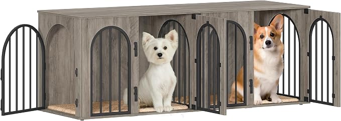 Hzuaneri 63" Double Dog Crate Furniture, Dog Kennel Indoor with Cushion | Heavy Duty Dog Crate Furniture for 2 Dogs,Dog Cage End Table TV Stand with Divider for Med-Large Dogs,Greige Black DFC80905B