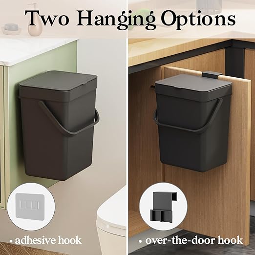LALASTAR Countertop Compost Bin, Hanging Small Trash Can with Lid Under Sink for Kitchen, Food Waste Bin for Countertop, Mountable Garbage Can for Bathroom, RV, 5L/1.3 Gal,Sliding Lid, Black
