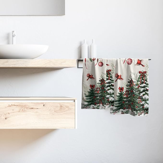 Giwawa Pine Tree Hand Towels Set of 2 Red Birds Decorative Kitchen Dish Towels Soft Microfiber Absorbent Fingertip Towel for Guest Bathroom Hotel