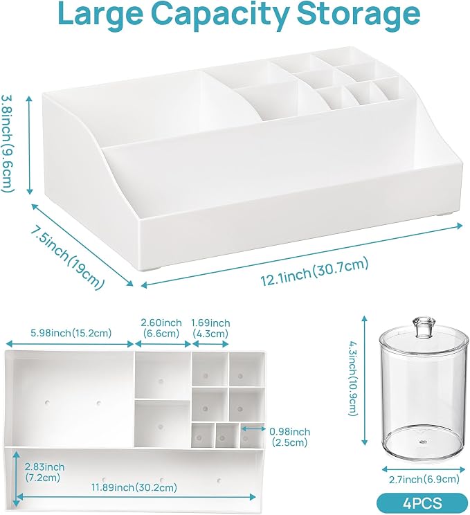 Vtopmart 5 PCS Bathroom Countertop Organizer Sets, White | 1 Divided Tray with 4 Qtip Holder Jars, For Toothbrush, Cotton Pads Balls, Floss, For Bathroom Countertop