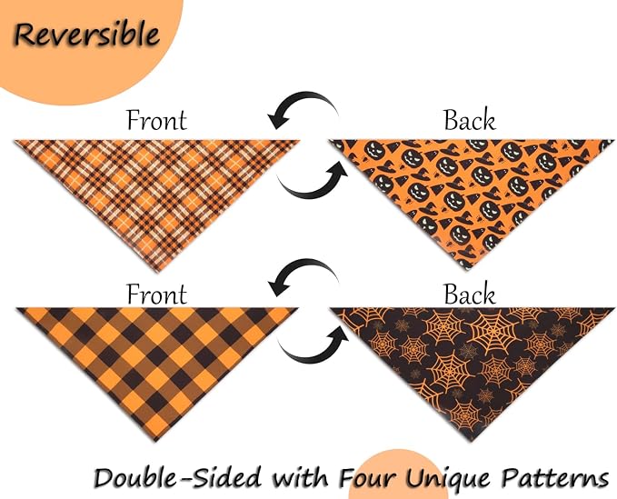 Fall Dog Bandanas 2PCS Halloween Pumpkin Spider Web Large Dogs | Reversible dog bandanas for fall & Halloween & Thanksgiving. Orange plaid/pumpkin/Spider Web design. Fits medium-large dog