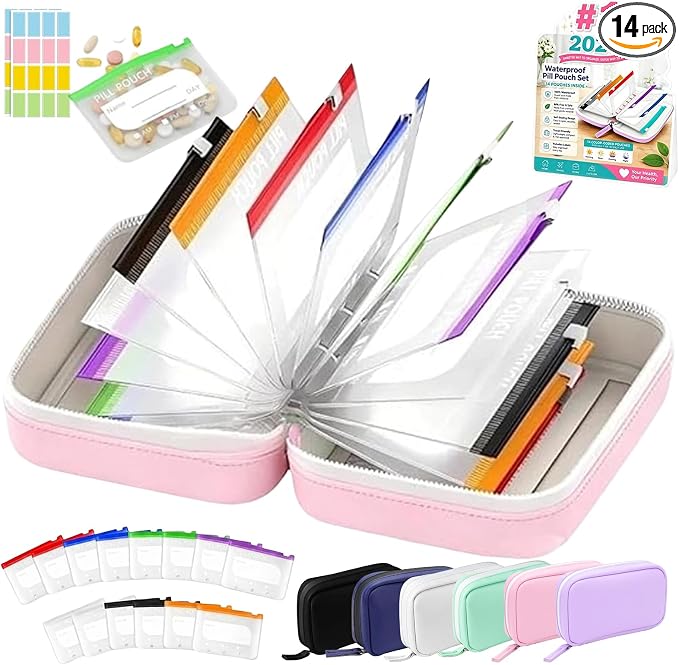 A8 Weekly Waterproof Pill Pouch Set, Reusable Weekly Pill Organizer with 14 Coded AM PM Pouches, Compact Portable Vitamin Supplement Storage Case for Travel Purse Daily Use