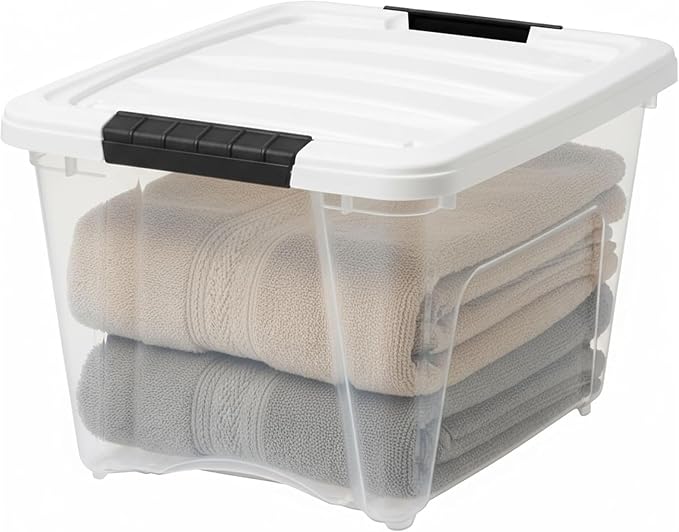 IRIS USA 19 Qt Storage Bins w/Lids, 12 Pack, BPA-Free, Clear/White | Ideal for organizing shoes, crafts, pantry items, home office essentials and more.