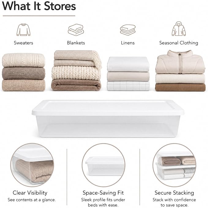 41 Quart Medium Storage Bin, Clear Plastic Underbed Storage (2-Pack) | Clear Body For Visibility, Low Profile Design, Container with Snap-On Lid, , Stackable, Underbed Fit, White