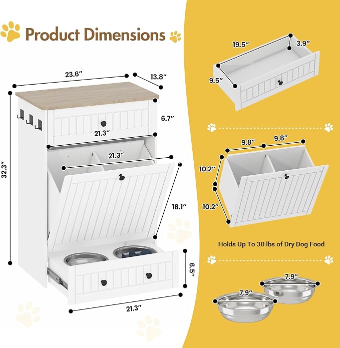 Dog Feeding Station Cabinet Elevated Bowls (White, Classic Panel) | Slow Feeder Insert, Large food bin, Removable Divider, 3 Side Hooks, Pull-Out Drawer, Easy to Clean for Small & Middle Dogs